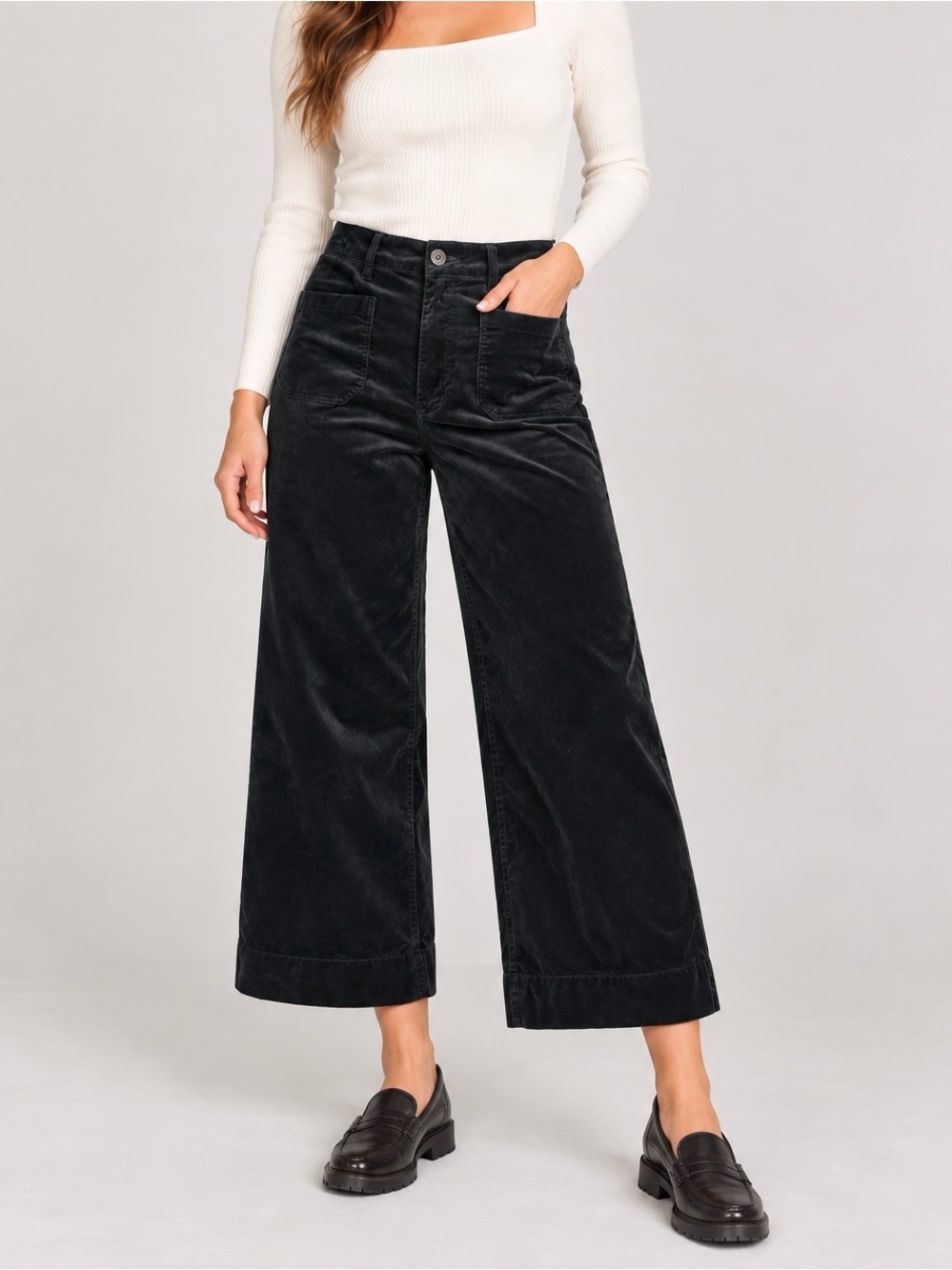 Anthropologie Black Wide-Leg Cropped Corduroy Pants
